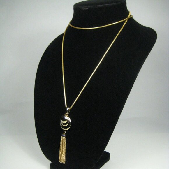 Goldtone Tassel Pendant Necklace 32 In Omega Chain Statement Modern Upcycled - Picture 3 of 5